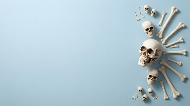 Human skulls and bones flat lay composition on a light blue background with copy space