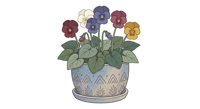 Hand drawn illustration of colorful pansy flowers potted plant in patterned ceramic pot isolated on transparent background