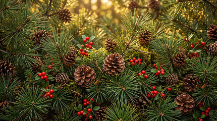 Fototapeta premium Lush natural pine branches densely decorated with rustic pinecones perfect for classic organic winter backgrounds and earthy festive seasonal graphic textures