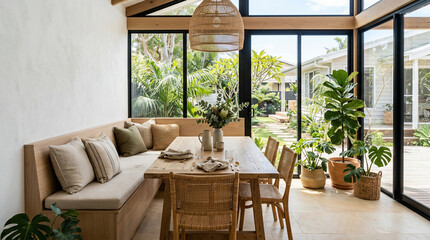 Fototapeta premium Modern Minimalist Dining Area with Wooden Bench Seating and Large Windows Overlooking a Lush Green Tropical Backyard Garden