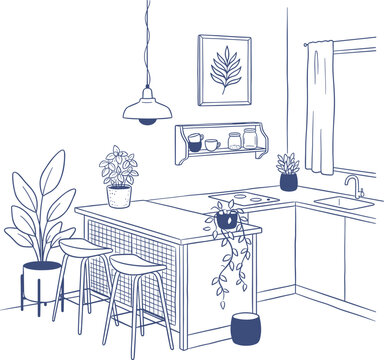 Kitchen Interior with Island Stools and Plants Illustration