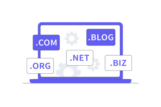 Domain Name Registration and Website Web Hosting Address. Laptop Screen Displaying Top Level Domain Extensions Com Org Net Blog Biz with Gears. Flat Cartoon Vector Illustration, icon Stylish abstract 