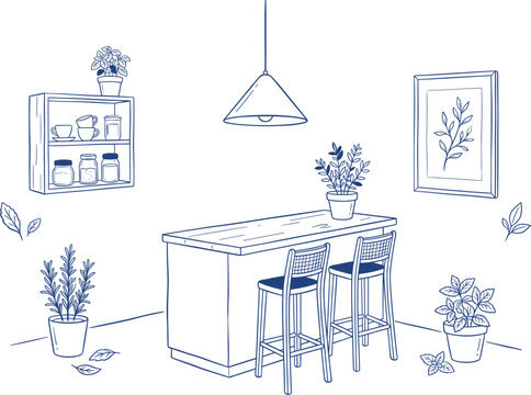 Modern Kitchen Interior with Island and Plants Illustration