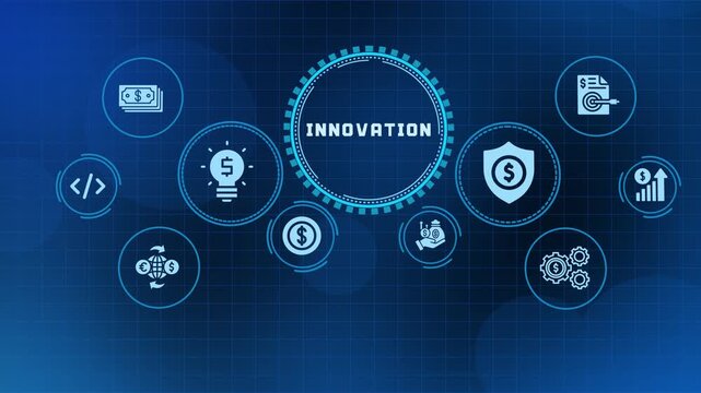 Innovation concept representing new ideas, entrepreneurship, creative growth and digital business development through modern icons.