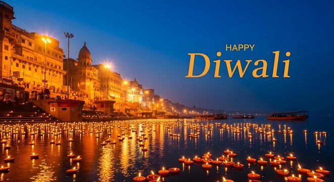 Beautiful evening view of varanasi ghats illuminated with floating lamps during the traditional hindu festival of diwali