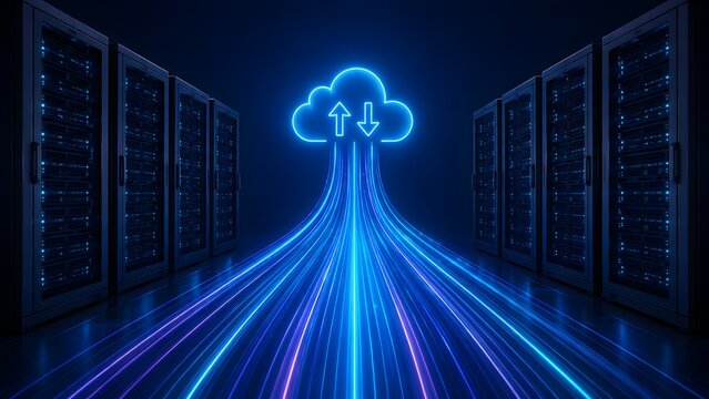 Data center cloud computing network infrastructure with glowing transfer streams connecting server racks