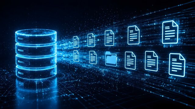 Digital database cylinder with flowing document icons representing electronic data processing, cloud storage system and information management