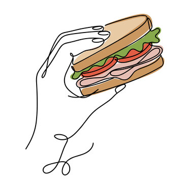 hand holding a layered deli sandwich with ham, cheese, lettuce, and tomato continuous line drawing