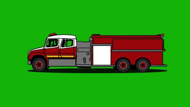 fire truck animation side view isolated in green screen