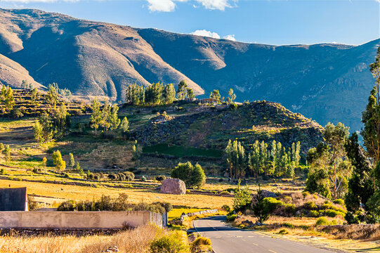A view down a road towards the rim of the Colca Valley area of the Andes in southern Peru in the dry season
