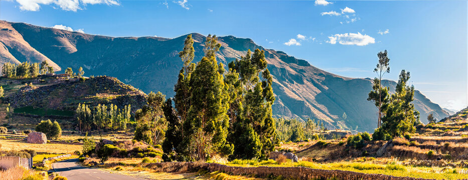 A panorama view across the floor of the Colca Valley area of the Andes in southern Peru in the dry season