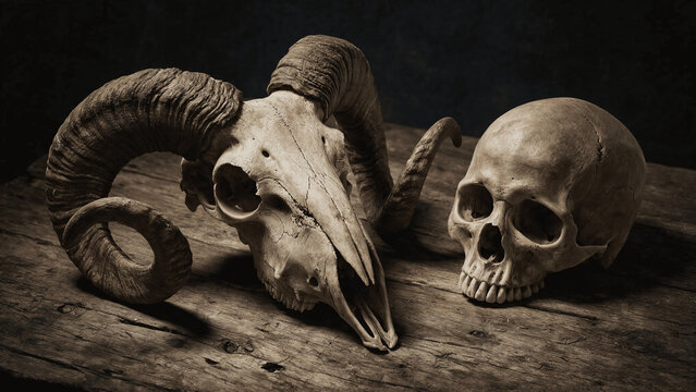 Sheep and Human Skull Composition on Aged Wood