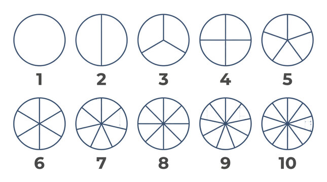 Circular fraction charts showing ten different numerical segments in a clean flat vector graphic style for educational mathematics study purposes