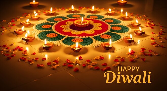 Beautiful glowing oil lamps arranged around a colorful rangoli pattern for the hindu festival of diwali celebration