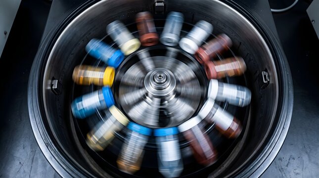 Laboratory centrifuge spinning colorful sample tubes, medical research equipment in motion, clinical diagnostic testing process
