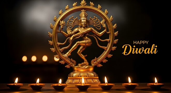 Golden nataraja statue surrounded by glowing oil lamps celebrating the indian festival of lights known as diwali