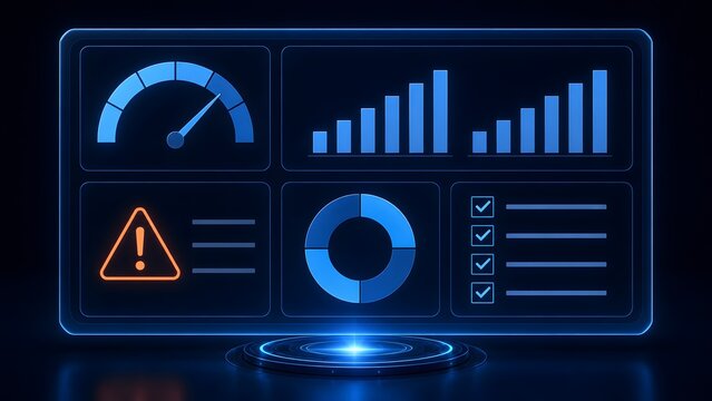 Digital analytics dashboard interface with glowing neon charts performance metrics and business data visualization