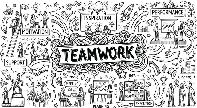 Business teamwork hand drawn doodle illustration with concepts for motivation support planning execution performance success and corporate inspiration