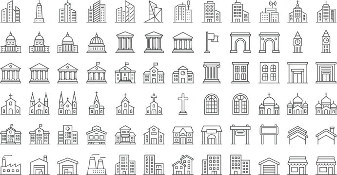 City architecture and public buildings mega line icon set featuring government offices churches schools factories and real estate vector