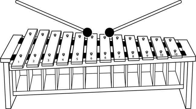 Classical wooden marimba musical instrument vector illustration with numbered keys and percussion mallets for orchestral performance education