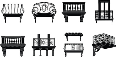 Collection of black architectural balcony silhouettes featuring wrought iron railings classical balustrades and vintage terrace elements © MdImamAli