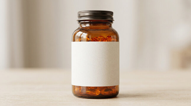 Amber glass supplement bottle with blank label on wood surface