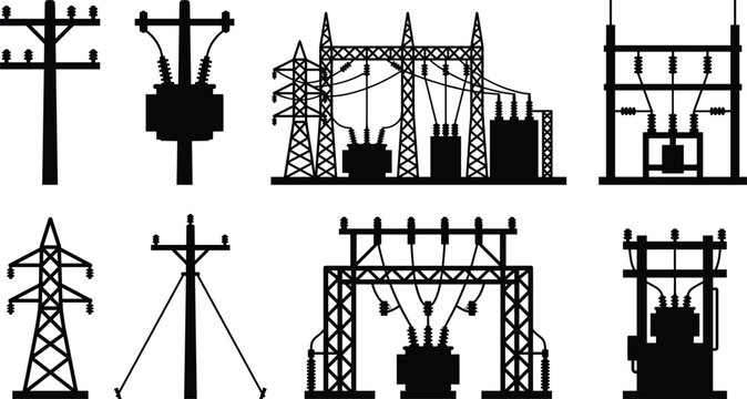 Collection of electric utility infrastructure, power distribution equipment, and transmission station silhouettes for industrial energy design