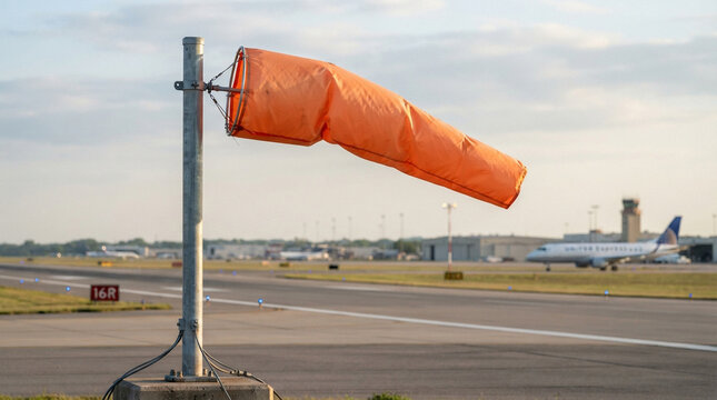 Orange windsock showing wind direction at an airport runway