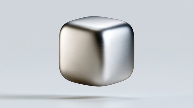 Floating brushed silver metallic rounded cube against plain light gray background shows modern minimalist 3d geometric design concept