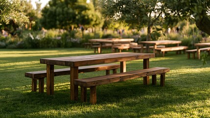 Fototapeta premium Empty wooden picnic tables and benches arranged on grass in park.