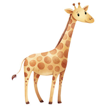 Cute watercolor illustration of a friendly baby giraffe character isolated