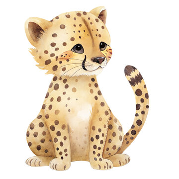 Cute watercolor illustration of a friendly baby cheetah character isolated