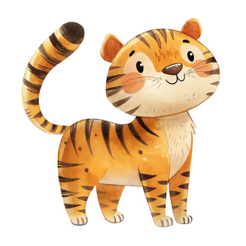 Cute watercolor illustration of a friendly baby tiger character isolated