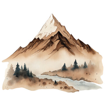 Cute watercolor illustration of a scenic mountain landscape with snow and trees isolated