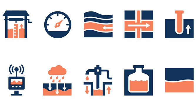 Set of ten icons representing groundwater monitoring and water quality analysis for environmental science Minimal solid fill icon set bundle collection. Editable Vector Illustration Mega pack