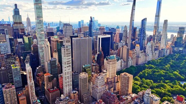 Central park edge and midtown skyline, New York. Overhead perspective of green tree canopy, slender high rises and daytime cloudscape.