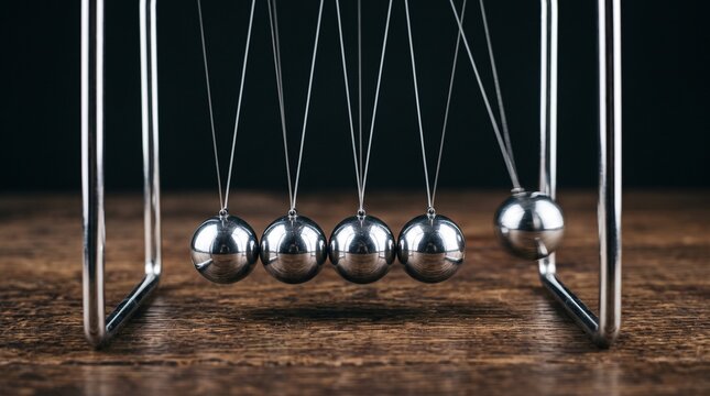 Newtons cradle chrome spheres on wood table showing motion physics