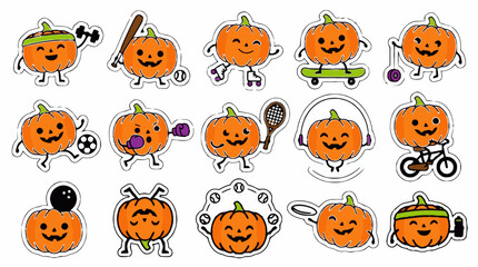 Fototapeta premium Anthropomorphic pumpkins engaging in various sports and activities vector illustration pumpkin halloween fall autumn