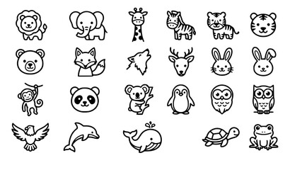 Fototapeta premium Cute wildlife and animal outline vector icons set for kids and nature design