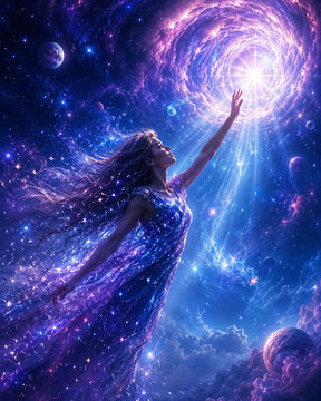 Mystical woman in a flowing blue gown channeling radiant cosmic energy beneath stars, galaxies and celestial light.