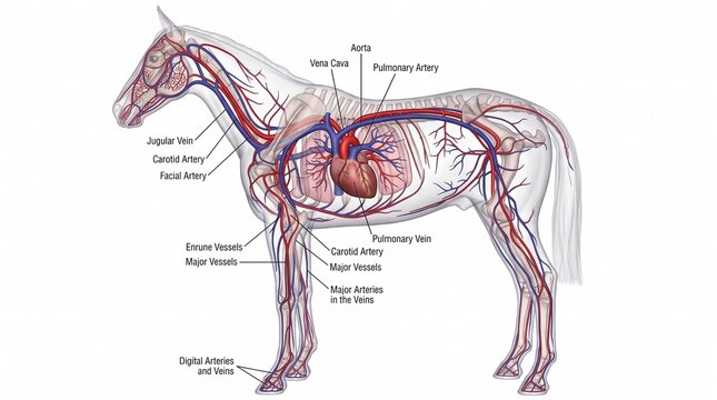 Anatomy of horse circulatory system with labels