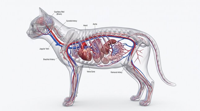 Translucent Cat Anatomy Displaying Circulatory System and Internal Organs
