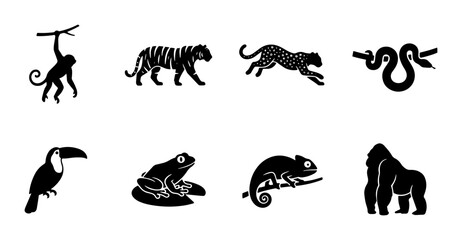 Naklejka premium 70 Jungle Animals Vector Icons: Monkey, Tiger, Panther, Snake, Toucan, Frog, Chameleon, Gorilla Silhouettes for Wildlife and Nature Designs 100