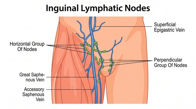 Labeled medical diagram of human inguinal lymphatic nodes and veins