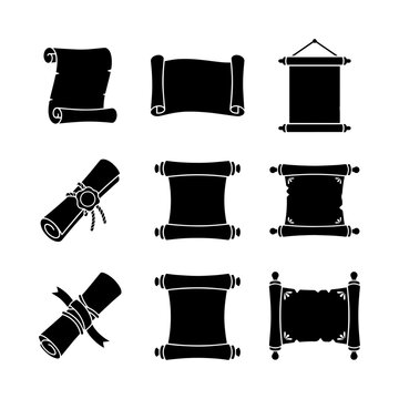 70 Scroll Icons Set, Parchment and Diploma Vector Graphics, Vintage Document and Certificate Silhouettes for Historical and Educational Designs 100
