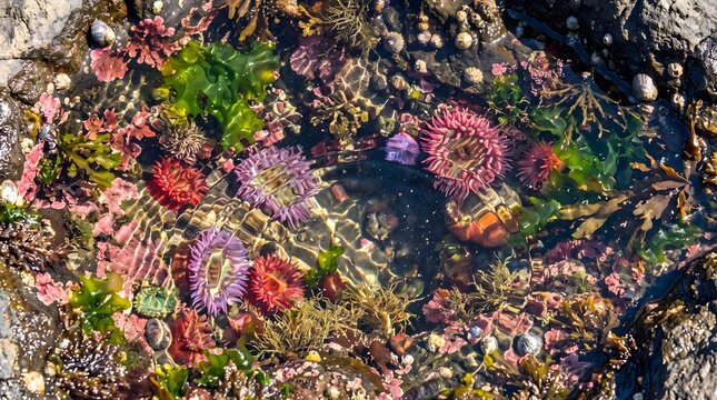 Vibrant tide pool with sea anemones and green seaweed. Colorful marine life in coastal rock pool. Underwater biodiversity in ocean ecosystem.