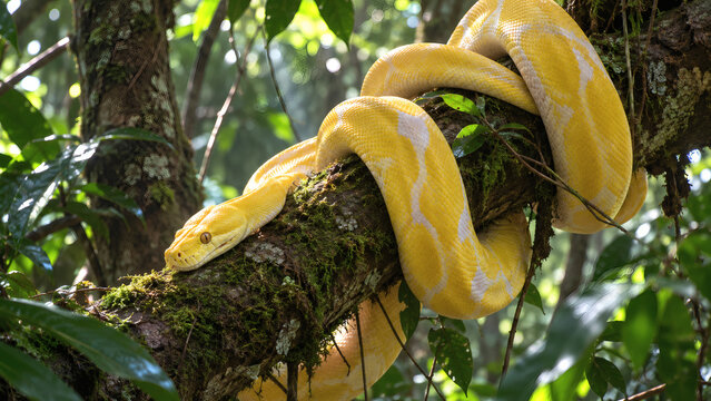 Yellow albino python snake wrapped around a mossy tree branch in wild jungle background