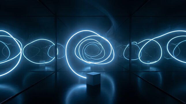 Blue light loops multiply inside a 3D mirrored room