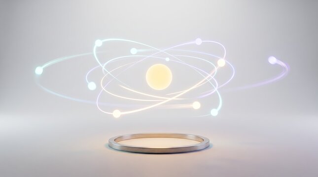 Orbiting 3D rings encircle a glowing atomic core