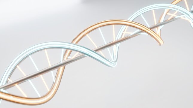 A glowing 3D DNA helix twists in golden light
